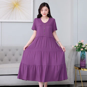 Женские летние длинные платья 2023 года, Новая однотонная элегантная повседневная женская одежда с коротким рукавом в Корейском стиле, Винтажное платье Изображение