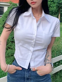 Белая блузка, женская летняя рубашка на пуговицах, женский топ с лацканами в консервативном стиле, короткий рукав, женская повседневная базовая укороченная рубашка с узкими карманами Изображение