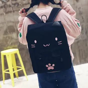 модная холщовая студенческая сумка с вышивкой милого кота, женский рюкзак, школьная сумка для отдыха, черный и розовый Изображение