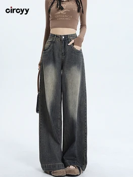 Мешковатые джинсы, женские джинсы с высокой талией, Осень 2023, Новые джинсовые брюки с широкими штанинами на пуговицах, Выстиранная уличная одежда, винтажные брюки Изображение