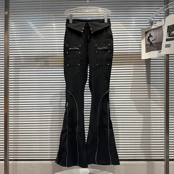 Суперские повседневные черные брюки в стиле High Street Style 2023, новые летние повседневные черные брюки с высокой талией и карманом с заклепками. Изображение