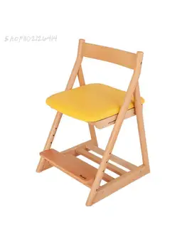 Детский стул для учебы с сиденьем из цельного дерева, домашний детский обеденный стул, может поднимать многофункциональный стул для письма Изображение