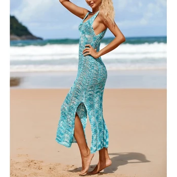 Сексуальный купальный костюм для пляжа, связанный крючком, Круглый вырез, Длинное платье-комбинация, Блузка без рукавов, Открытая рубашка, Пляжная одежда Изображение