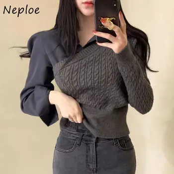 Neploe Корейские шикарные пуловеры с нишевым дизайном, женские пуловеры с лацканами, поддельная одежда из двух частей, вязаный свитер с узором из конопли 2023 Изображение