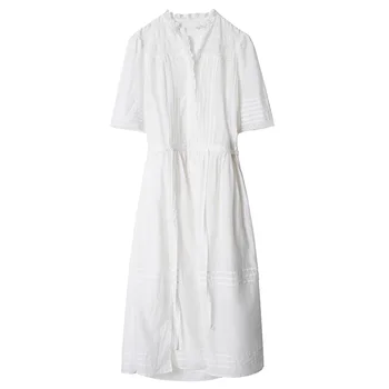 [ElfStyle] - Женское белое длинное хлопчатобумажное платье с кружевной оборкой на шее, вышитыми деталями, рукавами 3/4 и поясом на талии, модное платье 2020 года Изображение