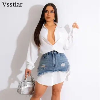 Vsstiar Модное Длинное платье-рубашка с длинным рукавом и джинсовой юбкой, повседневный женский комплект из двух предметов, шикарная уличная одежда с карманами с отверстиями Изображение