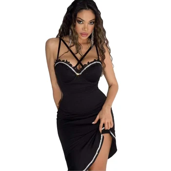 Блестящие бриллианты Jacques Weave на тонком ремешке, Черное платье средней длины, Модное сексуальное женское вечернее платье для клубной вечеринки Изображение