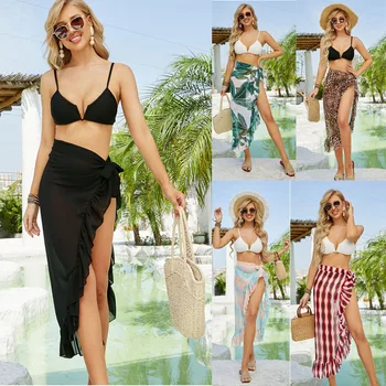 Летние женские купальники с рюшами, длинный и короткий саронг, пляжное бикини, прозрачная короткая юбка, шарф для купальников Изображение