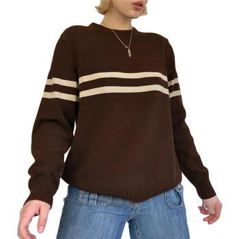 Xingqing Grunge Sweater Fairycore Эстетичный Женский полосатый топ с длинным рукавом, одежда y2k 2000-х, Свободный вязаный пуловер, уличная одежда Изображение