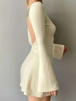 Женские Корейские модные базовые мини-платья, Тонкая элегантная одежда, женский халат с открытой спиной, шикарное осеннее платье с длинным рукавом Изображение