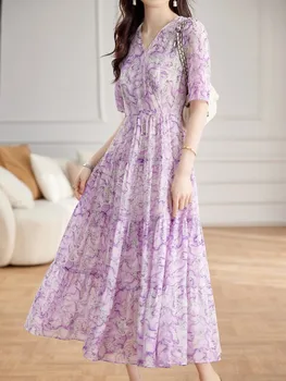 Фиолетовое Французское платье с цветочным рисунком, женское платье 2023, новое летнее модное платье миди с V-образным вырезом, Пляжное праздничное платье Изображение