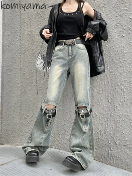 Джинсы Y2k с дырками Komiyama на шнуровке, Винтажные Свободные Панталоны Mujer 2023, осенние джинсовые Широкие брюки, Уличная Женская одежда Изображение
