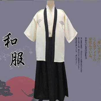 Черное Японское Традиционное Самурайское Кимоно для мужчин, купальный халат Юката, Хекуби, Одежда для сауны в свободном стиле, домашняя одежда, пояс, Длинное платье Изображение
