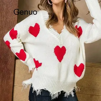 Женский осенний свитер с V-образным вырезом, вязаный свитер с кисточками, женские топы, пуловер с длинным рукавом, свитера с сердечками 2020 г. Изображение