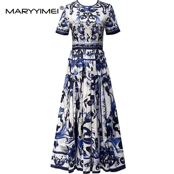 Модное дизайнерское летнее хлопчатобумажное женское платье MARYYIMEI с бело-голубым фарфоровым принтом, тонкие праздничные хлопчатобумажные платья Изображение