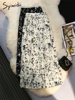 Плиссированная юбка с принтом Syiwidii для женщин, новинка 2023 года, винтажные элегантные шифоновые юбки с высокой талией, Шикарная повседневная юбка миди трапециевидной формы Y2k Изображение