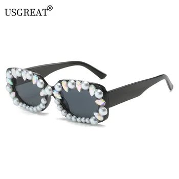 2023 Новые Солнцезащитные очки с Жемчугом и Бриллиантами, Женские Персонализированные Квадратные Солнцезащитные очки для девочек, Люксовый бренд Rectangle Eyewear UV400 Изображение