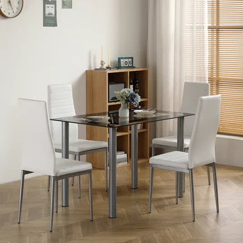 Стол из 5 предметов, оснащенный 1 обеденным столом из стекла в черной обертке и 4 стульями из ПВХ, подходящими для кухни и столовой Изображение