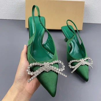 Зеленые пикантные женские туфли на высоком каблуке со стразами и бантом, свадебные туфли с острым носком, женские элегантные босоножки на шпильке, женские туфли-лодочки Изображение