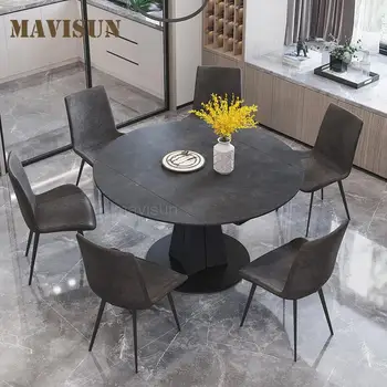 Круглый обеденный стол из вращающейся каменной плиты в европейском стиле, Современный минималистичный Многофункциональный складной столик для маленькой квартиры Изображение