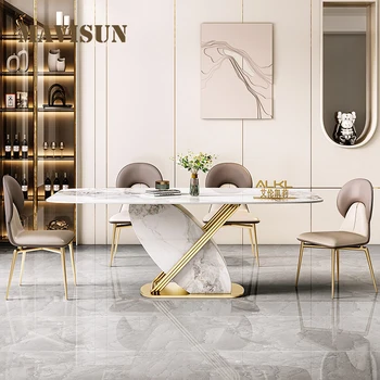 Обеденный стол из светлого роскошного шифера, современный минималистичный домашний ресторан высокого класса, итальянский прямоугольный мраморный стол, кухонная мебель Изображение