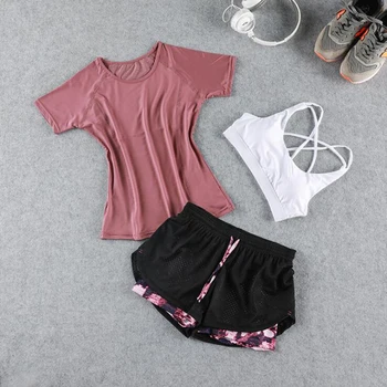 2019 новые женские костюмы для йоги, 3 шт. /компл., спортивные комплекты, бюстгальтер + футболка + шорты, тренировочная одежда, тонкий комплект для фитнеса, спортивная одежда для женщин Изображение