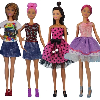 4 комплекта модной многоцветной одежды, платье с волнистой линией, рубашка, Джинсовая юбка в сетку, повседневная одежда, аксессуары, одежда для куклы Барби Изображение