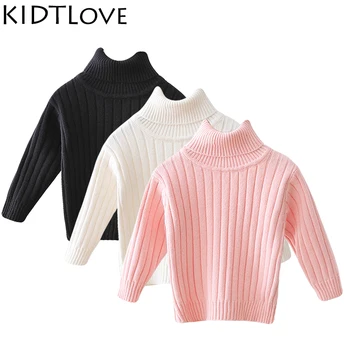 Зимние свитера для девочек, детский плотный теплый трикотаж, пуловер, теплые свитера, однотонная одежда для девочек-подростков 2-8 лет Изображение