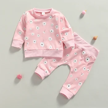 Милый осенний новый комплект одежды для маленьких девочек, пуловер + брюки, карман с цветочным узором в виде маргаритки, эластичный пояс, одежда для малышей Изображение