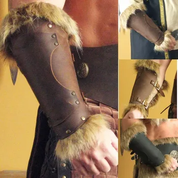 Средневековый кожаный браслет воина-викинга с меховыми вставками в стиле стимпанк, костюм Жаворонка для мужчин и женщин, Нарукавная броня с заклепками, аксессуар для Хэллоуина Изображение