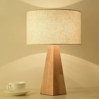Современная и минималистичная деревянная настольная лампа, Прикроватное освещение для спальни, украшение для гостиной в скандинавском стиле, настольная лампа из светодиодной ткани для кабинета Изображение