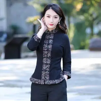 2023 китайская блузка с национальным цветочным принтом, женская традиционная винтажная блузка в этническом стиле, костюм в стиле ретро тан, чайный сервиз, рубашка hanfu Изображение