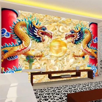 wellyu Пользовательские обои 3d фрески double dragon play бусины Китайский дракон ТВ фон настенная декоративная роспись 3d обои Изображение