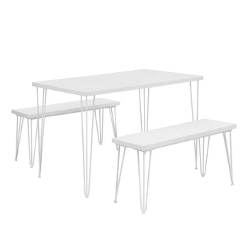 Обеденный стол из 3 частей с 2 Скамейками и 1 Мягким столиком, Столешница с Железной Рейкой, Белый Изображение