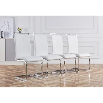 Современные обеденные стулья с мягким сиденьем из искусственной кожи, стулья для столовой и гостиной, мягкое кресло с металлическими ножками, дизайнерский набор из 4-х штук Изображение