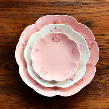 Изысканная Тарелка для стейка из вишневого цвета Розовая С Тиснением Обеденная Тарелка Фруктовый Диск В Корейском Стиле Керамическая Посуда Кухонная Утварь Изображение