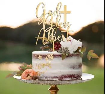 Персонализированный топпер для торта на крещение - Изготовленный на заказ топпер для торта на крестины - Бог благословит топпер для торта - Топпер для торта к первому причастию Изображение