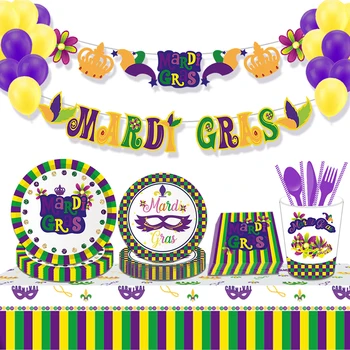 Прекрасные тарелки для Марди Гра, салфетки, маска, скатерть для вечеринки Марди Гра, карнавальные украшения Изображение