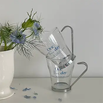 Корейская простая чашка для воды, чашка с ручкой из нержавеющей стали, термостойкое стекло, креативная чашка для кофе с молоком, чашка для питья Изображение